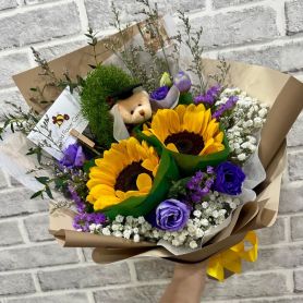 Sunshine Graduation Bouquet - 2 Sunflowers with Mini Graduation Bear